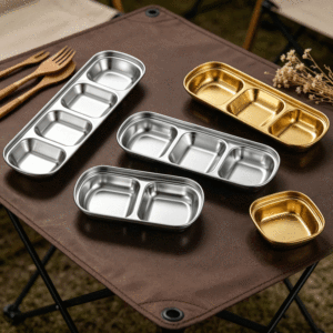 Bol à sauce en acier inoxydable FLEY SUS304, style coréen, design à 1-4 compartiments, bol à trempette doré pour barbecue et fondue - Product Image 3