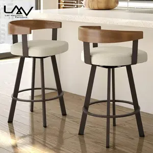 Moderne Eenvoudige Massief Houten Rugleuning Metalen Frame Gestoffeerde Bar Stoel Amerikaanse Hoge Stoel Nordic Huishouden Vintage Eetkamerstoelen