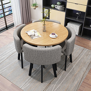 Pour petit espace 5 pièces Table à manger <span class=keywords><strong>ronde</strong></span> et chaises en tissu de lin ensemble moderne pour la maison Restaurant Table à manger en <span class=keywords><strong>bois</strong></span> ensemble 4 chaises - Product Image 5