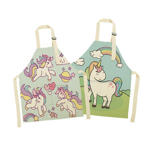 Children Kitchen Protect Linen Aprons Custom Cute Cartoon Unicorn Digital Printed Kids Apron