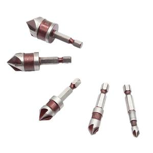 82 Degree Red Five Blade <b>Chamfering</b> <b>Tool</b> Woodworking Hole Opening Countersunk Drill Set 1/4 Shank Diameter - Product Image 3