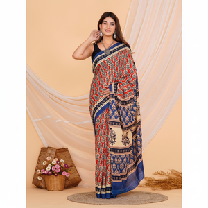 Mulmul indien traditionnel en coton dessiné à la main Ajrakh imprimé longueur au sol léger Saree Blouse nouveau Bollywood Designer été - Product Image 1