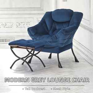 Contemporary Modern Grey High Back Tufted Reclining Leisure Chair with Ottoman for Hotel Home Use Fabric Upholstered Metal Legs - Product Image 2