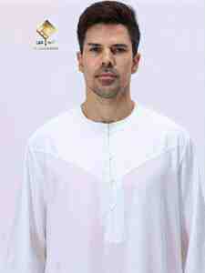 Al Haramain <b>Men's</b> White Cotton <b>Thobe</b> Round Neck Long Sleeve Floor Length Prayer Robe Modest Solid Design Breathable Regular Fit - Product Image 5