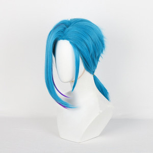 Vente en gros court <span class=keywords><strong>Jinx</strong></span> perruque 45cm moyen long bleu ligue des légendes LOL arcane Anime cheveux synthétiques Halloween fête Cosplay perruque - Product Image 3