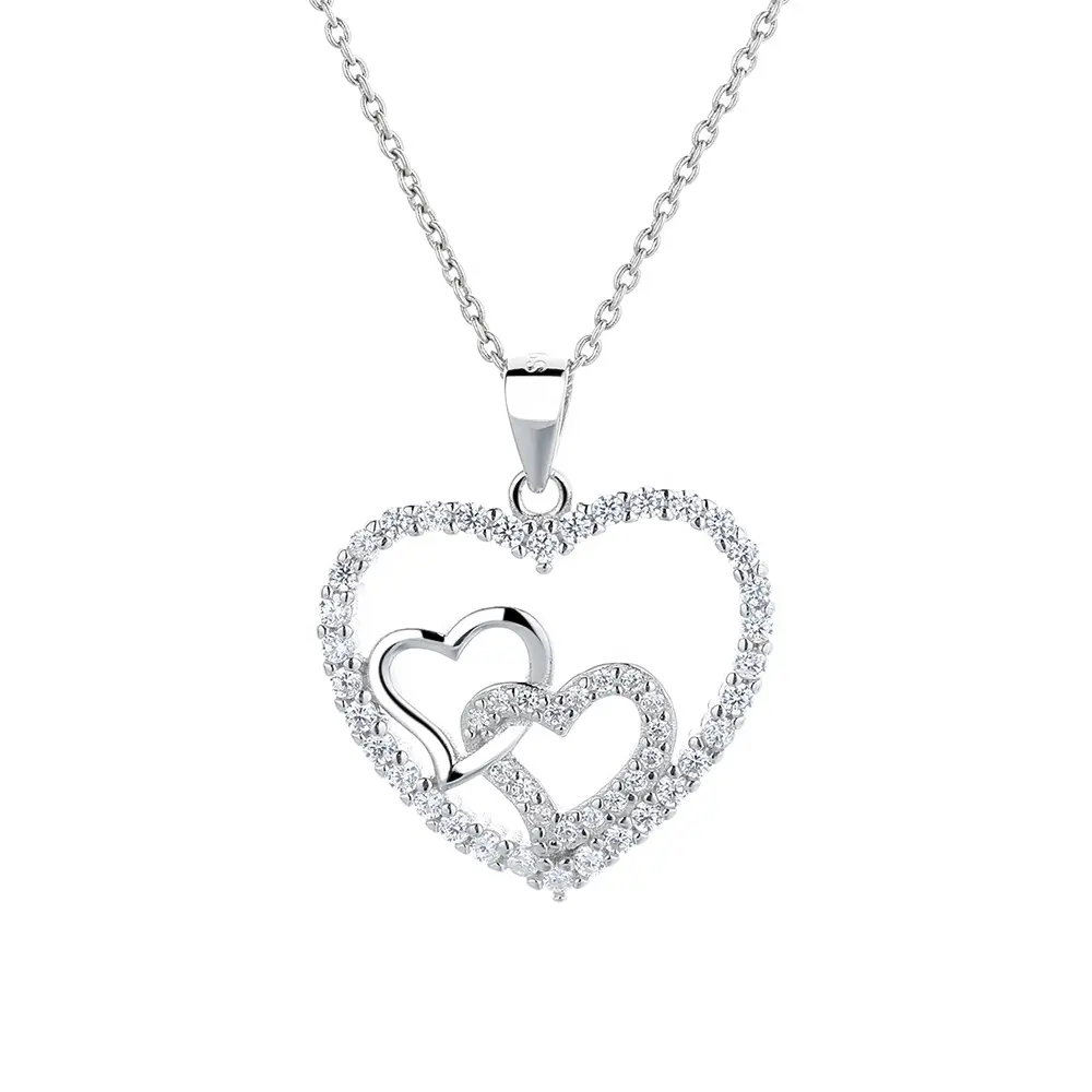 Charm Diamond Jewelry Zircon Crystal Double Heart Silver Pendant 925
