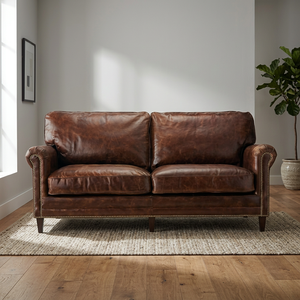 Vintage & Industrial Traditional Solid <b>Wood</b> & Genuine Leather Apartment Living Room Two Seater <b>Sofa</b> - Product Image 3