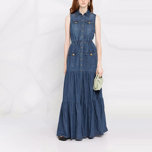 Moda all'ingrosso per ragazze abito lungo in jeans elegante personalizzato da donna Casual con orlo e volant <span class=keywords><strong>abiti</strong></span> senza maniche in <span class=keywords><strong>Denim</strong></span> - Product Image 2