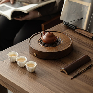 Guanlan Walnut Wood <b>Tea</b> Tray Round Water Storage Drainage Solid Wood Dry Brewing Table Small <b>Tea</b> <b>Set</b> Tray Home Use - Product Image 3