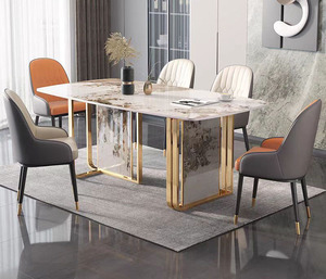 Juego de mesa de comedor de mármol de diseño italiano, tapa de mármol de 6 asientos con Base de Metal de Color oro rosa para comedor, muebles para el hogar - Product Image 4