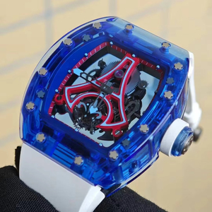 Reloj Mecánico de Lujo para Hombre, con Caja Transparente de Cristal Azul, Correa de Goma Blanca, Estilo Tourbillon - Product Image 3