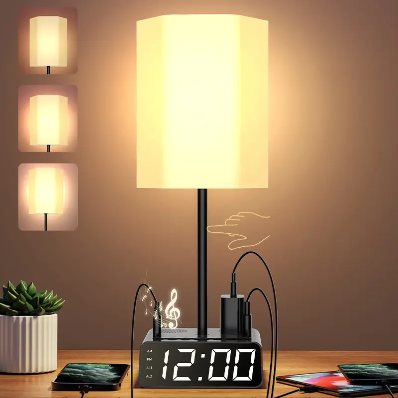 Lampada da scrivania a LED con altoparlante BT presa di allarme touch da tavolo da lettura con porta di ricarica USB e orologio prese