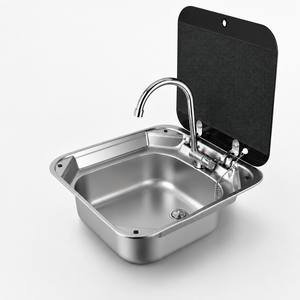 Évier de <span class=keywords><strong>camping</strong></span>-<span class=keywords><strong>car</strong></span> grand format 435x420mm avec robinet et couvercle pliable, cuve profonde en acier inoxydable pour <span class=keywords><strong>camping</strong></span>-<span class=keywords><strong>car</strong></span>, caravane, motorhome, cuisine marine - Product Image 1