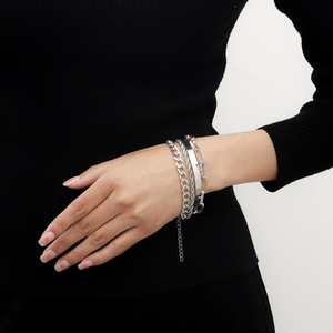 4pcs/<b>set</b> Hot Selling Fashion Punk Exaggerated Geometric <b>Bracelet</b> Metal Wind Stack Wear Women's <b>Bracelet</b> Cuban Chain Jewelry - Product Image 5
