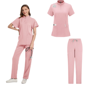 Conjunto <span class=keywords><strong>de</strong></span> Uniforme Médico para Mujer <span class=keywords><strong>de</strong></span> Color Sólido con Cuello Alto <span class=keywords><strong>y</strong></span> Pantalones <span class=keywords><strong>de</strong></span> Pierna Recta en Tejido Elástico para Enfermeras <span class=keywords><strong>de</strong></span> Hospital - Product Image 4