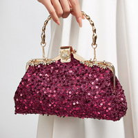 Pochette de soirée de luxe à sequins, sac à main vintage en forme de coquille avec fermoir Kiss Lock, sac de fête avec chaîne, sac à main de mariage étincelant pour femme