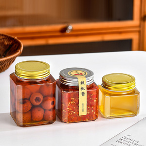 Vente en Gros 250 380 500 Grammes Grand Carré <span class=keywords><strong>Miel</strong></span> à Large Bouche Confiture Alimentaire Bocal de Stockage en Verre Avec Couvercles en Or - Product Image 3