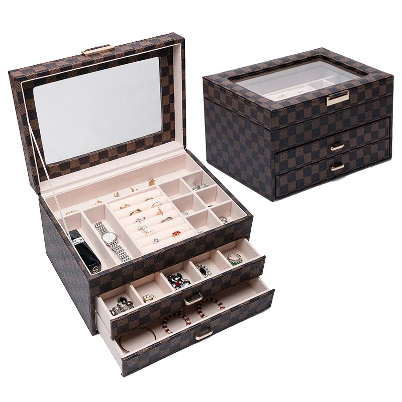 Glass display 3 layer multifunctional household luxury jewelry decorative boxes for women jewels trinket storage