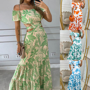 Women Off Shoulder Cutout Floral Print Maxi <b>Dress</b> Boho Holiday <b>Beach</b> <b>Long</b> Sundress - Product Image 2