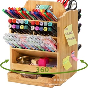Rotatable Wooden Marker Holder <b>4</b> Layers Desktop Storage Box For <b>Pens</b> Pencils Office Supplies Natural Wood <b>Color</b> - Product Image 5