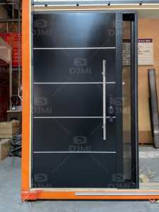 <span class=keywords><strong>Porte</strong></span> <span class=keywords><strong>d</strong></span>'<span class=keywords><strong>entrée</strong></span> résidentielle en bois massif avec longues poignées argentées et fenêtre fixe en verre noir - Product Image 2