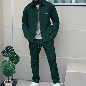 Wholesale European American Size <strong>Men's</strong> Autumn Solid Color Lapel Button Casual Jacket Tracksuit Sets - Product Image 4