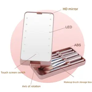 Portátil Folding LED Travel Makeup Mirror com luz, dobrável girando armazenamento LED maquiagem armazenamento Espelho com escova