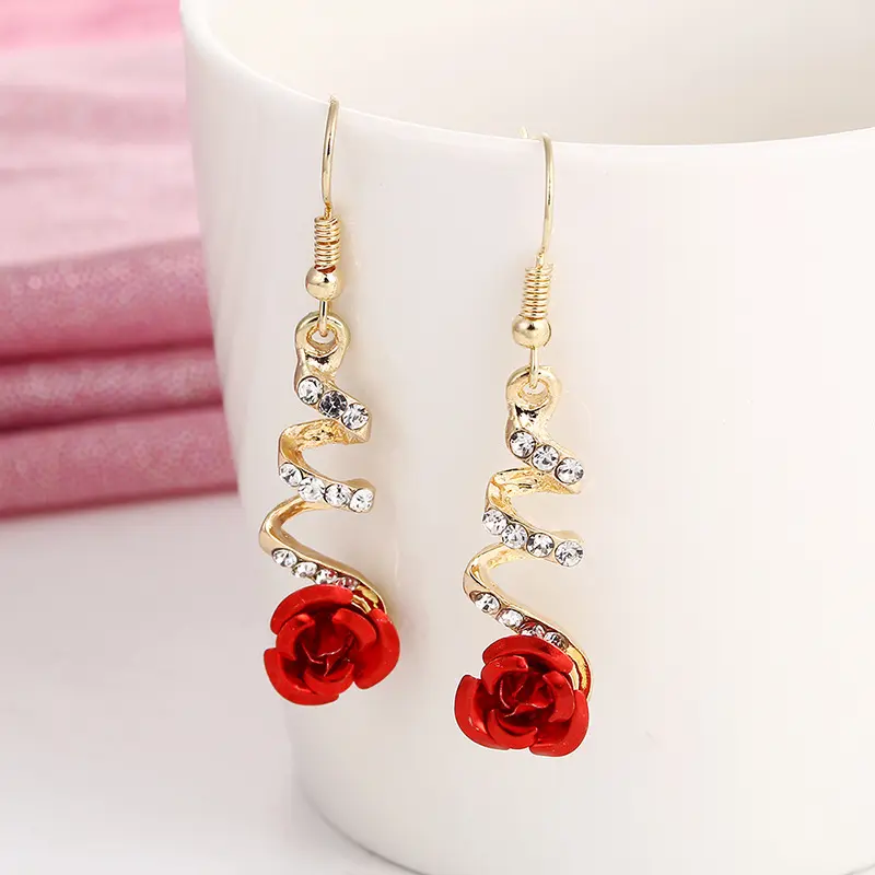 Ethnic Red Rose Drop Earrings Big Rhinestone Earrings Vintage For Women Rose Gold Spiral Dangle Earring