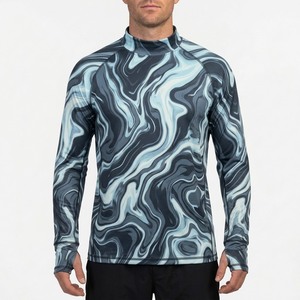 100% Polyester Men's Long Sleeve Quick Dry UPF 50 Anti-UV Hooded Fishing Shirt Green Marble Swirl <b>Print</b> Mock Neck Pullover <b>Top</b> - Product Image 6