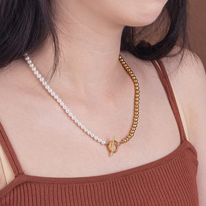 Moda mujer Hip Hop chapado en oro suéter cadena Acero inoxidable OT hebilla barroca agua dulce perla empalmada collar de cuentas - Product Image 6