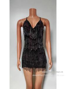 Petit V Latin Sexy Performance Wear Long Jump <span class=keywords><strong>Costume</strong></span> avec Big Diamond Tight Wrap et Tassel pour la scène de salle de bal - Product Image 3