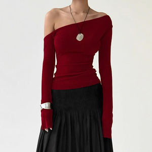 T-shirt élégant à une épaule sans col à manches longues Slim Fit en nylon Impression numérique - Casual Sexy Couleur unie pour femmes - Product Image 3