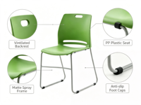 Chaise de conférence empilable moderne verte, siège en plastique, structure en acier, chaise de salle d'audience, de classe ou de réunion