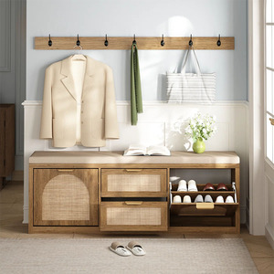 <span class=keywords><strong>Mueble</strong></span> de Madera y Ratán para Zapatos con Banco y <span class=keywords><strong>Perchero</strong></span> Integrado, <span class=keywords><strong>Mueble</strong></span> de Pasillo con Almacenamiento, Asiento y Estantes para Zapatos - Product Image 1