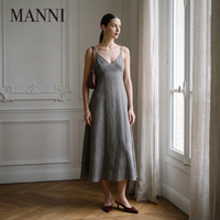 Robe midi trapèze en lin pour femme, couleur mauve, à fines bretelles et col en V, élégante, pour la vente en gros et la personnalisation OEM