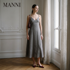 Robe midi trapèze en lin pour femme, couleur mauve, à fines bretelles et col en V, élégante, pour la vente en gros et la personnalisation OEM - Product Image 1