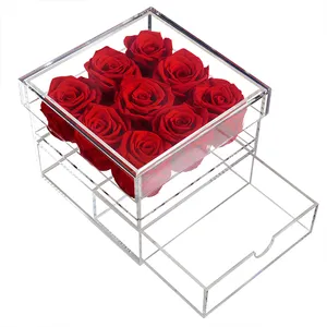 AM-PFE01C Ammy roses conservées 9 boîte acrylique fini rose en gros cadeau de la Saint-Valentin boîte à fleurs rose unique