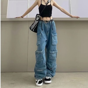 ZHEZHE 2023 nouveautés haute qualité femmes décontracté Denim Baggy jean creux droit Cargo pantalon solide à la mode pour dames - Product Image 3