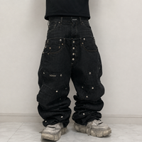 Pantalon en jean noir épais de qualité supérieure DiZNEW pour hommes, double couche, détail de la taille, multi-clouté, coupe ample, logo personnalisé, fabrication en usine