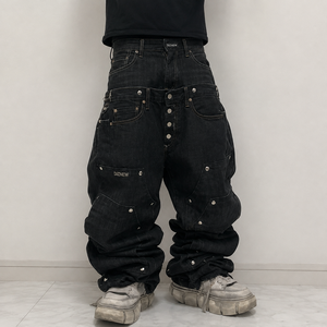 DiZNEW Jeans Baggy Neri Premium in Denim Pesante da Uomo con <span class=keywords><strong>Doppio</strong></span> Strato in Vita e Dettagli Multi-Borchie, Personalizzabili con Logo, Produzione di Fabbrica - Product Image 2