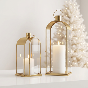 Latest <b>Brass</b> <b>Lantern</b> Set with Clear Glass Panels and Arched Tops for Christmas Home Decoration - Product Image 1