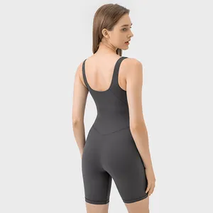 Jumpsuit satu potong warna polos Logo kustom desain terlaris Musim Panas 2024 celana pendek Yoga dan kebugaran untuk dewasa
