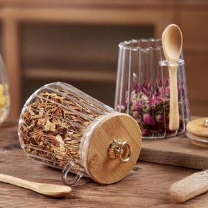 Bocaux de rangement de cuisine transparents à rayures verticales côtelées, 16 oz (500 ml), en verre avec couvercle et cuillère en bambou - Product Image 2