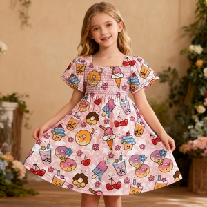 Vestido <span class=keywords><strong>de</strong></span> Verano para Niñas Yiyuan, con Volantes, Cuello Cuadrado, Manga Corta, Ecológico, Transpirable, Largo hasta la Rodilla, Corte en A, OEM - Product Image 2