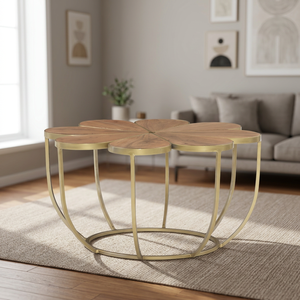 Table basse en forme de fleur, design moderne, plateau en bois de manguier et structure en métal doré, mobilier contemporain pour salon - Product Image 2