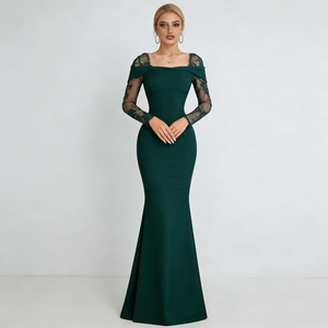 Robes pour femmes Vert émeraude foncé <span class=keywords><strong>D</strong></span>écolleté carré Manches longues en dentelle Ajustées Sirène Élégantes Robes de soirée maxi pour femmes - Product Image 4