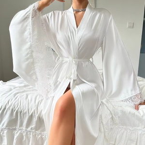 New Fashion Satin Lace Long Sleeved Nightgown Wholesale High Quality Soft and <b>Silky</b> Comfortable Bathrobe - Product Image 5