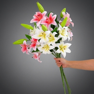 Vente en gros usine – Lys artificiel à longue tige de 63g, 3 fleurs ouvertes, 1 bourgeon, en PVC, fausse lys tigre pour centre de table événementiel et fournitures de <span class=keywords><strong>fleuriste</strong></span> - Product Image 1