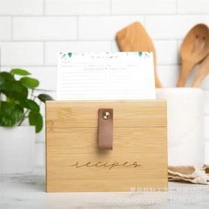Bamboo Recipe <b>Box</b> Card Holder Wooden <b>Storage</b> Organizer With Lid Rectangle Shape For <b>Kitchen</b> Desktop Use - Product Image 1