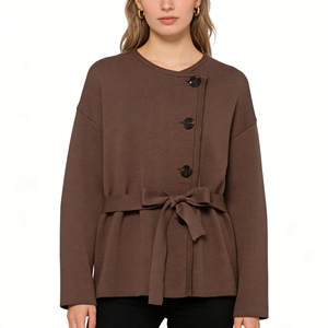 เสื้อคาร์ดิแกนถักสำหรับผู้หญิง - เสื้อสเวตเตอร์โอเวอร์ไซส์ผูกเอวแบบไม่สมมาตรแฟชั่น - Product Image 1